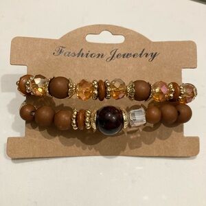 Boho Brown, Amber, and Gold Beaded Bracelet Fashion Jewelry Stack of Two!